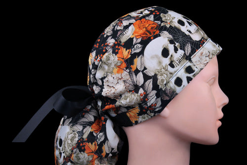 Halloween Skulls and Flowers Ponytail Scrub Cap - Loving Mystic Mantis