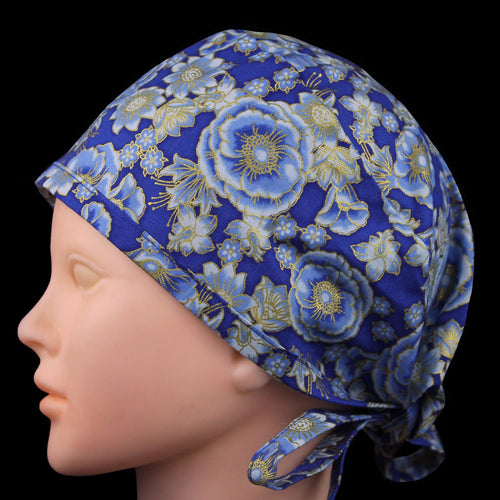 Metallic Gold Japanese Blue Flowers Scrub Cap - Loving Mystic Mantis