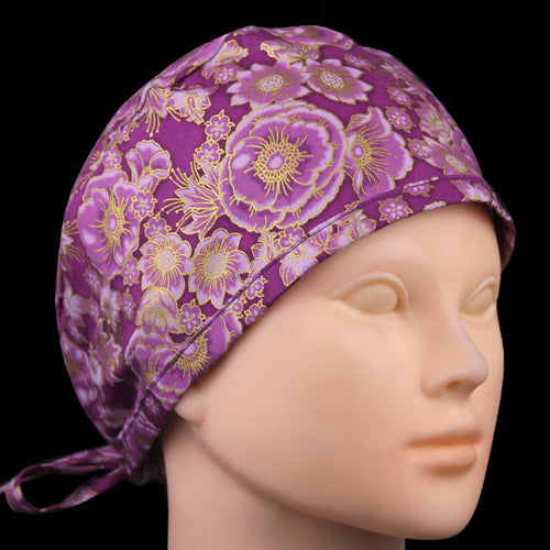 Metallic Gold Japanese Mulberry Pink Flowers Scrub Cap - Loving Mystic Mantis